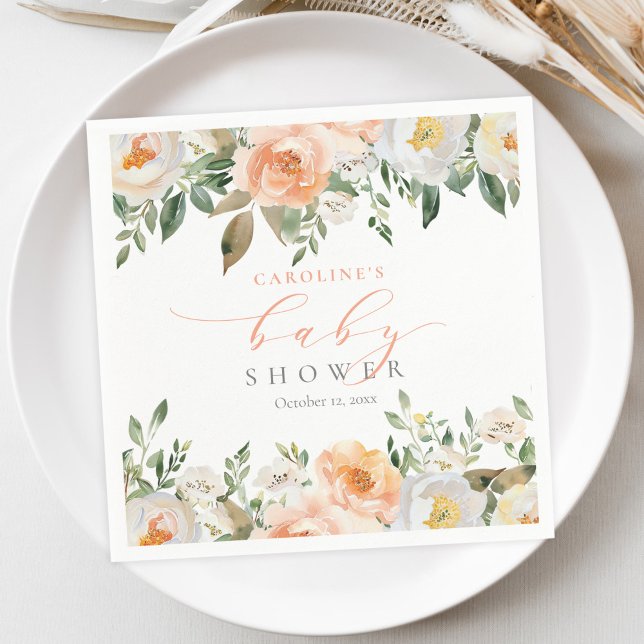 Serviette En Papier Élégante Pêche Floral Baby Bloom Girl Baby shower (Créateur téléchargé)