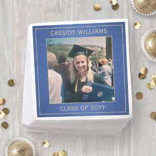 Serviette En Papier Elégante Photo Blue & Gold Modern Graduation Party