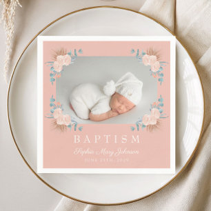Serviette En Papier Élégante Photo de Baptême de Fille aux Fleurs Rose