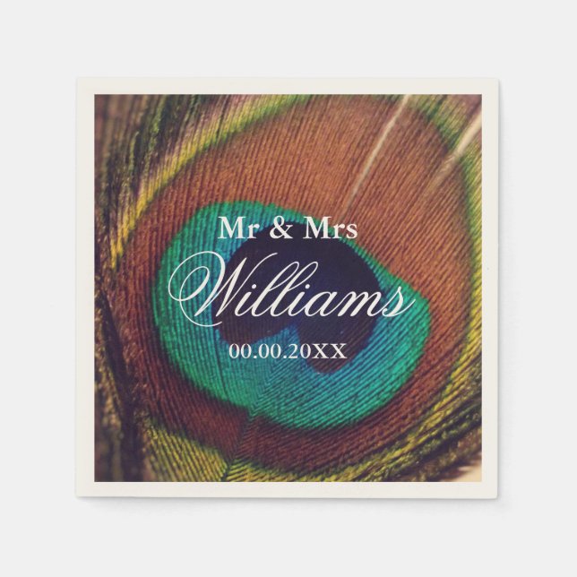 Serviette En Papier Elégante plumes paon sur mesure chic mariage (Devant)