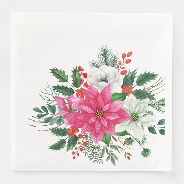 Serviette En Papier Élégante Poinsettie de Noël rose (Devant)