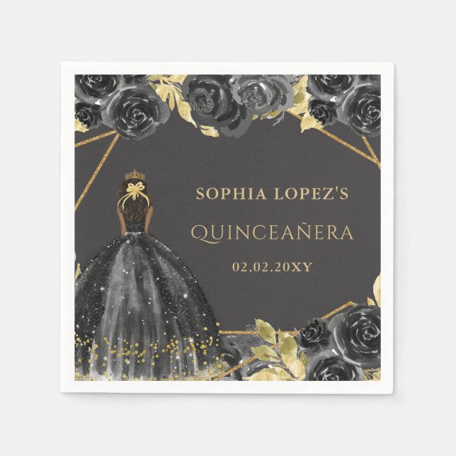Serviette En Papier Élégante princesse florale d'or noir Quinceanera (Devant)