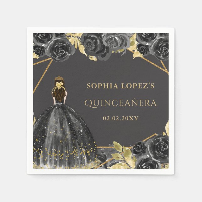 Serviette En Papier Élégante princesse florale d'or noir Quinceanera (Devant)