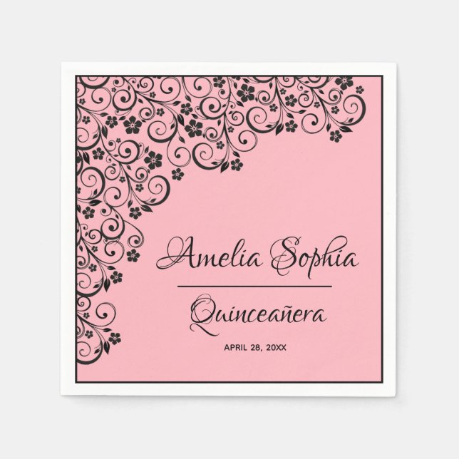 Serviette En Papier Elégante Quinceañera Black Swirls sur rose (Devant)