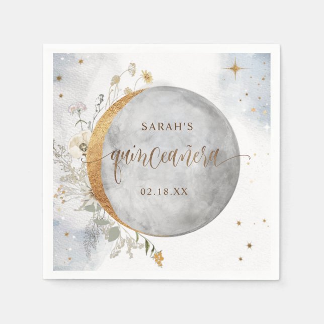 Serviette En Papier Elégante Quinceañera Céleste Lune et étoiles (Devant)