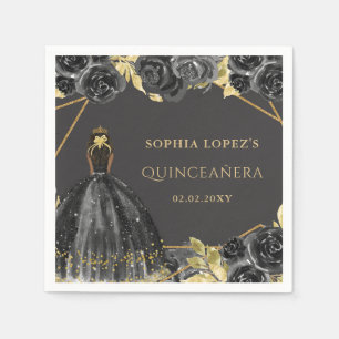 Serviette En Papier Élégante Quinceanera Princesse Fleurie Noir Or