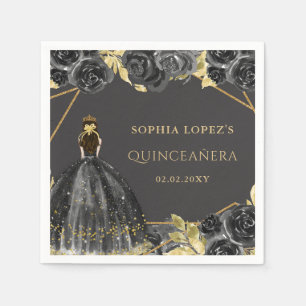 Serviette En Papier Elégante Quinceanera Princesse Fleurie Noir Or 