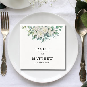 Serviette En Papier Élégante Rose blanche verte Mariage Floral