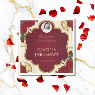 Serviette En Papier Élégante Rose Quinceañera Rouge Bourgogne & Or