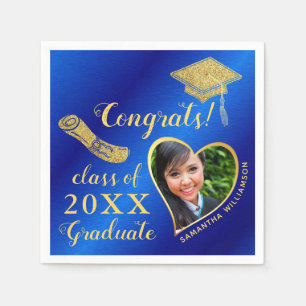 Serviette En Papier Élégante Royal Blue and Gold Photo 2023 Graduation