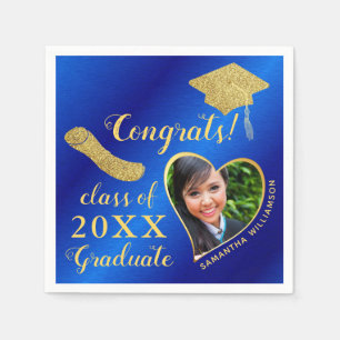 Serviette En Papier Élégante Royal Blue and Gold Photo 2025 Graduation