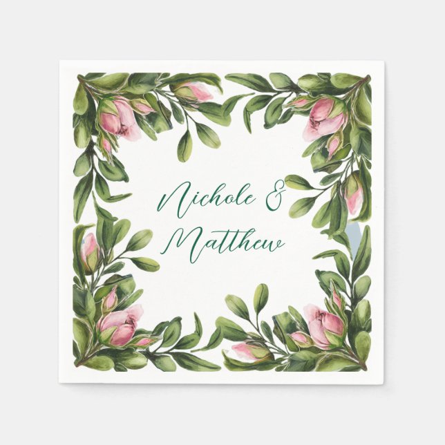 Serviette En Papier Élégante Serre Verdoyante Avec Mariage Rose Rose B (Devant)