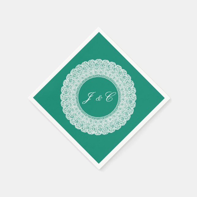 Serviette En Papier Élégante serviette en dentelle turquoise et blanch (Coin)