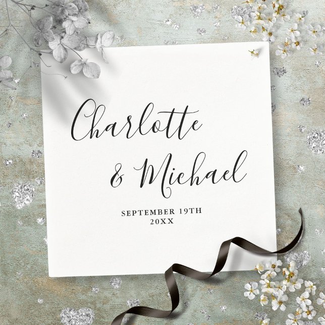 Serviette En Papier Élégante Signature Script Noir et Blanc (Elegant Signature Script Black And White Napkins)