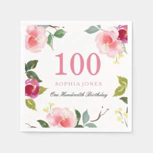 Serviette En Papier Élégante Soirée florale rose 100e anniversaire