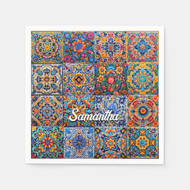 Serviette En Papier Elégante talavera mexicaine carrelage jaune rouge (Devant)