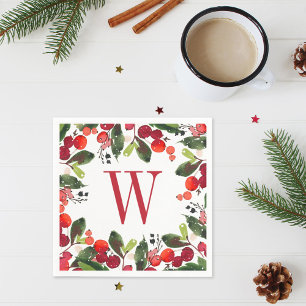 Serviette En Papier Élégante Verdure de Noël Rouge Monogramme Wreath