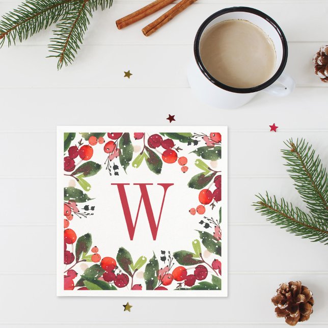 Serviette En Papier Élégante Verdure de Noël Rouge Monogramme Wreath (Créateur téléchargé)