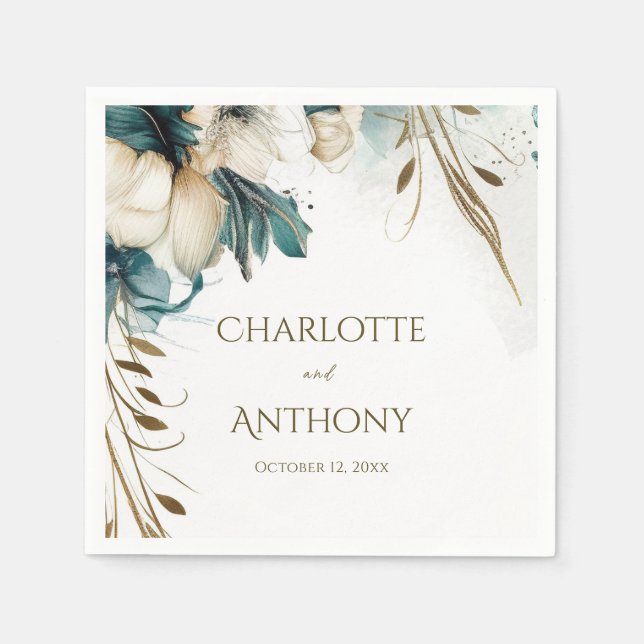 Serviette En Papier Élégante verdure Floral Minimal Turquoise Mariage  (Devant)