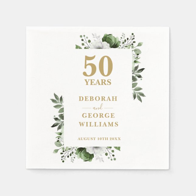 Serviette En Papier Élégante verdure Florale 50e anniversaire Mariage (Devant)