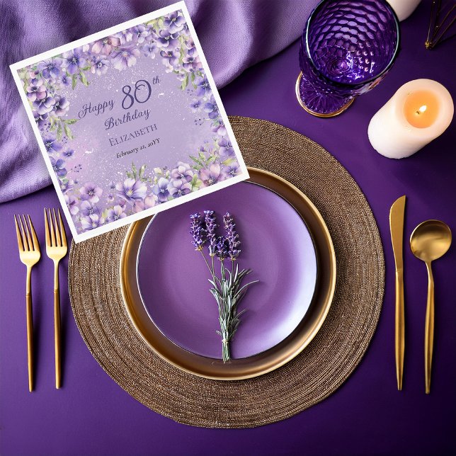 Serviette En Papier Élégante Violette Florale Violets 80e anniversaire (Boho Elegant Purple Floral Violets 80th Birthday Party Napkins)