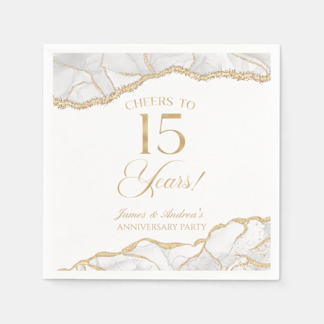 Serviette En Papier Élégante White Gold Agate 15e anniversaire fête (Devant)