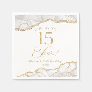 Serviette En Papier Elégante White Gold Agate 15e fête d'anniversaire