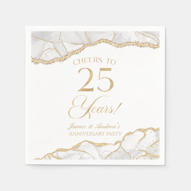Serviette En Papier Élégante White Gold Agate 25e anniversaire fête (Devant)