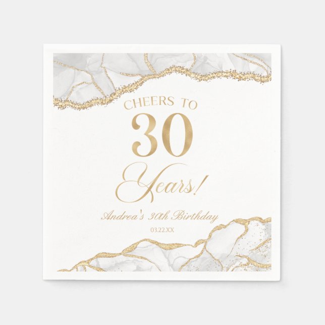 Serviette En Papier Elégante White Gold Agate 30e fête d'anniversaire (Devant)