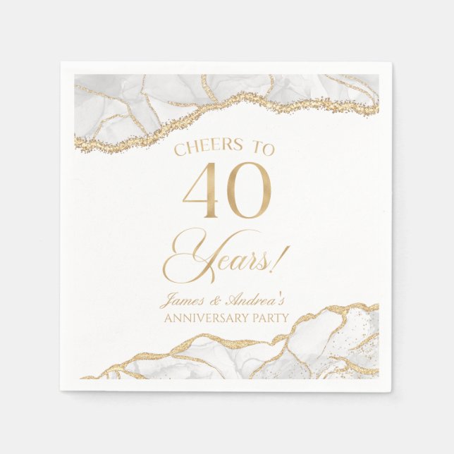 Serviette En Papier Elégante White Gold Agate 40e Anniversaire Party (Devant)