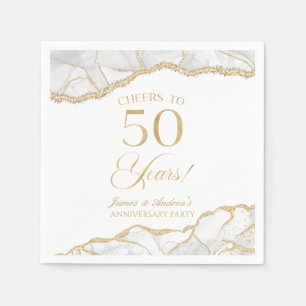 Serviette En Papier Elégante White Gold Agate 50e Anniversaire Party