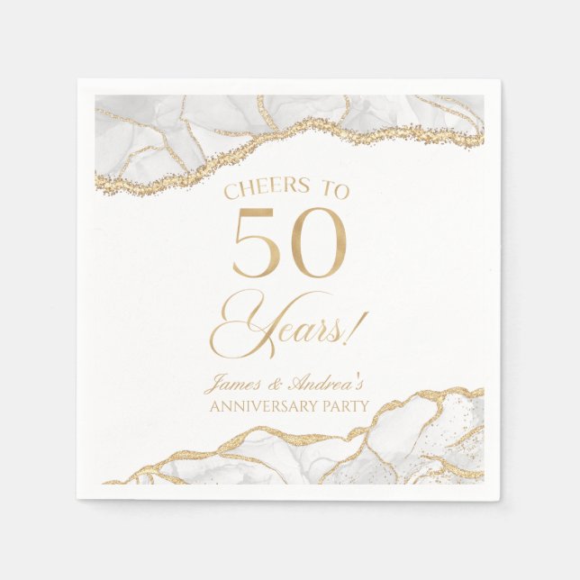 Serviette En Papier Elégante White Gold Agate 50e Anniversaire Party (Devant)