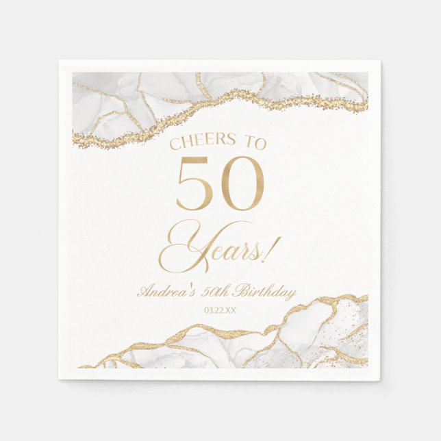 Serviette En Papier Elégante White Gold Agate 50e fête d'anniversaire (Devant)