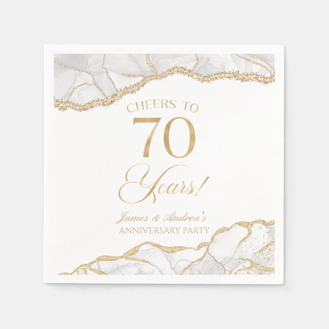 Serviette En Papier Elégante White Gold Agate 70e Anniversaire Party (Devant)