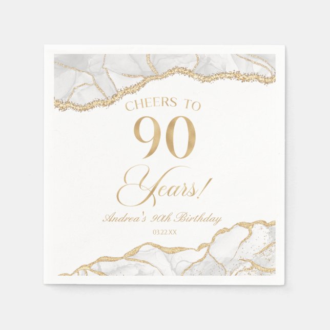 Serviette En Papier Elégante White Gold Agate 90e fête d'anniversaire (Devant)