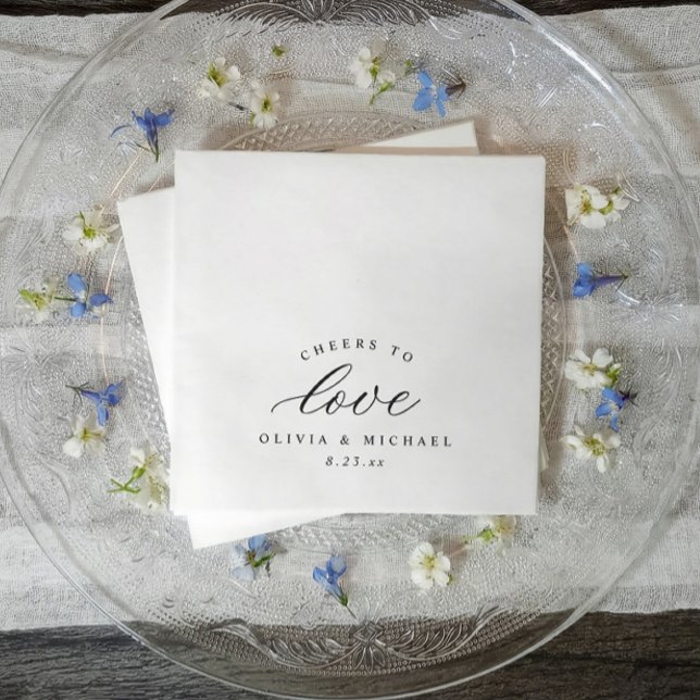 Serviette En Papier Elegantes acclamations à l'amour Argent ancien Mar (Black and white wedding cocktail napkins with cheers to love in elegant calligraphy)