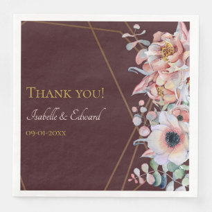 Serviette En Papier Élégantes Fleurs d'Anémone Rouge Marsala Mariage