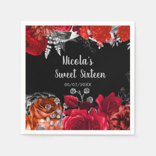 Serviette En Papier Élégantes Fleurs Rouges et Argent pour Sweet Sixte