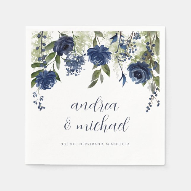 Serviette En Papier Élégantes Fleurs Sauvages Bleu Marine Mariage Flor (Devant)