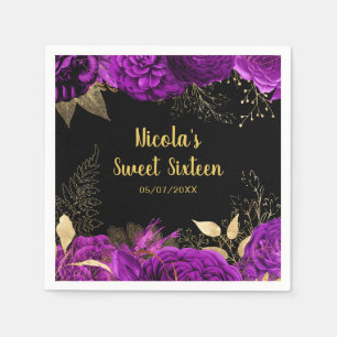 Serviette En Papier Élégantes fleurs violettes et dorées Sweet Sixteen