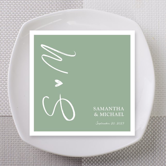 Serviette En Papier Élégantes Initiales Monogramme Vert Sauge Mariage (Elegant Sage Green Monogram Initials Wedding Napkins with Names)