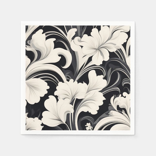 Serviette En Papier Élégantes perruques florales noires et blanches (Devant)