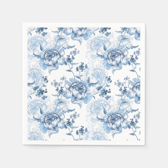 Serviette En Papier Élégantes pivoines gravées en bleu et blanc (Devant)