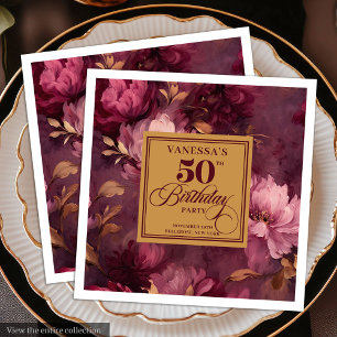 Serviette En Papier Élégantes Roses Bourgogne Doré 50e Anniversaire