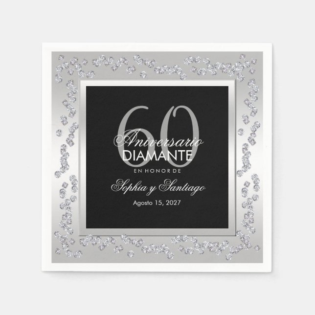 Serviette En Papier Élégants diamants de mariage d'argent 60 ans (Devant)
