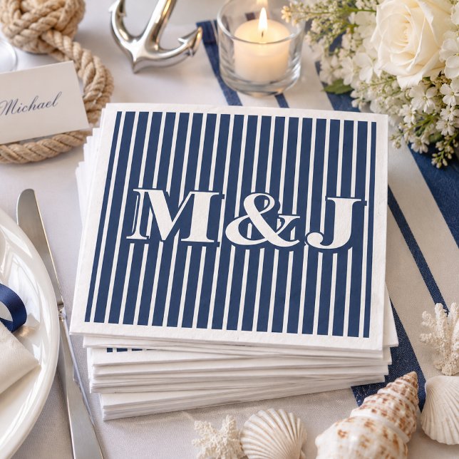 Serviette En Papier ÉLÉGANTS Initiales rayées bleues et blanches sur l (Créateur téléchargé)