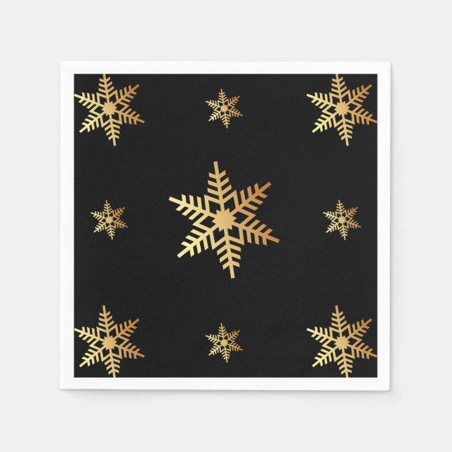 Serviette En Papier Élégants Snowflakes Gold Noël Sur Noir (Devant)