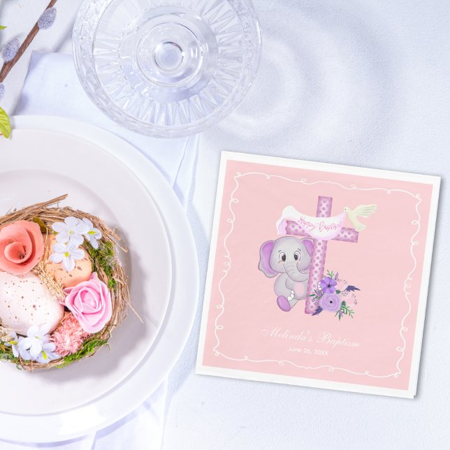 Serviette En Papier Élément de baptême bébé éléphant rose avec colombe (Créateur téléchargé)