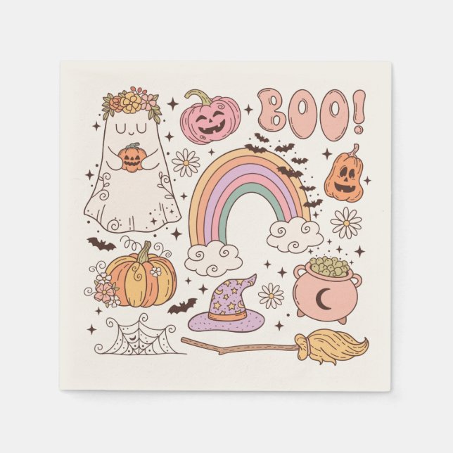 Serviette En Papier Éléments de Halloween mignons tendance rétro fantô (Devant)