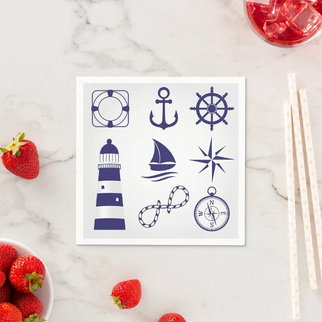 Serviette En Papier Éléments Marins Nautiques Navy Blue Icônes Côtière (Créateur téléchargé)